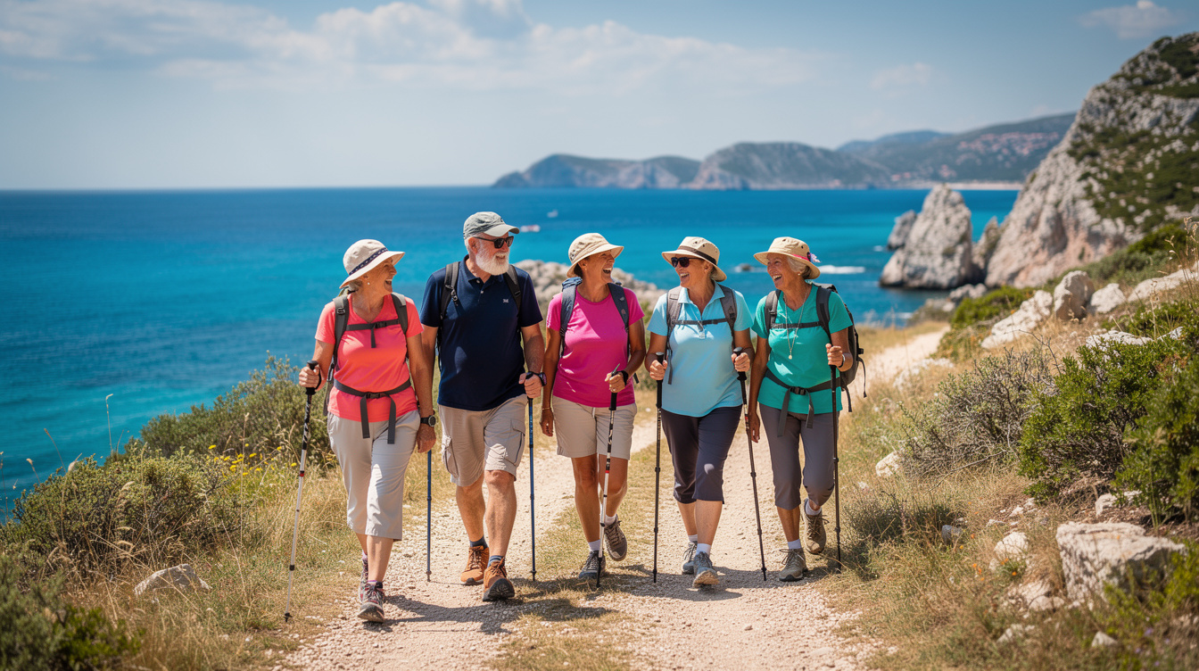 Group of active Croatian seniors hiking together on a sunny coastal trail