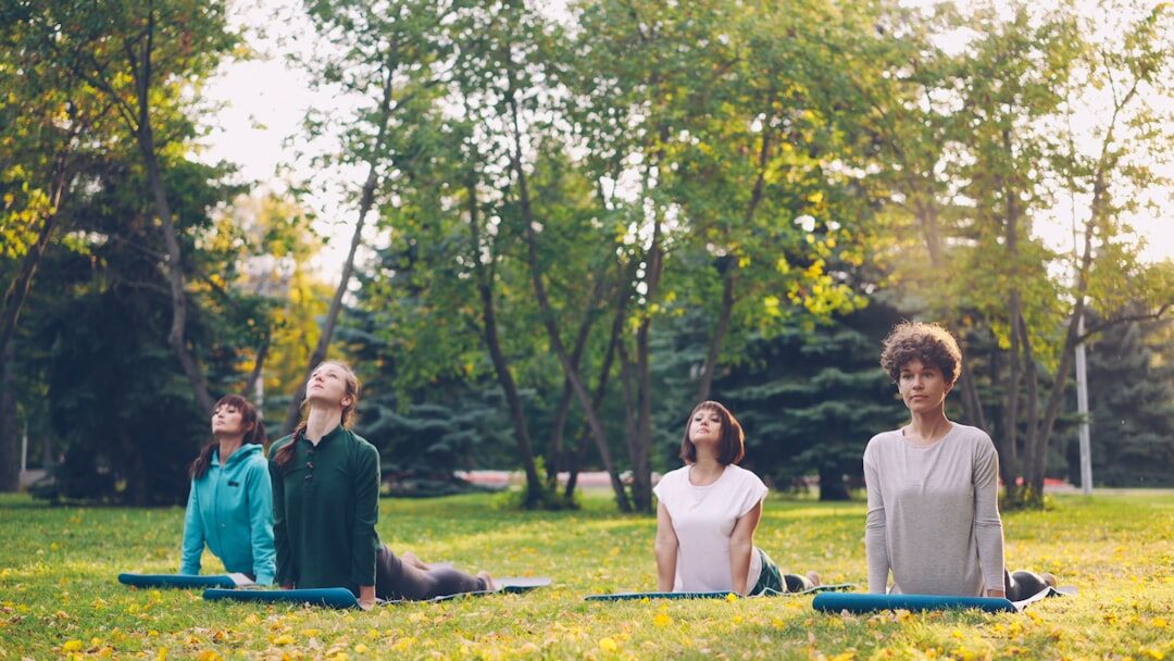 Seniors practicing gentle yoga and stretching outdoors